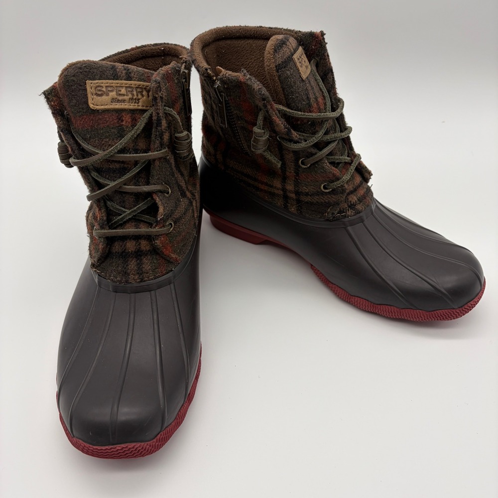 Sperry Saltwater Duck Boots Womens 7.5 Brown Plaid Wool STS95922 Ankle Boots